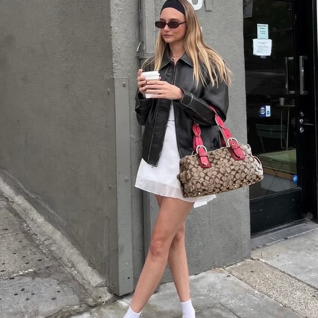 90s coach 코치 자카드 브라운 캔버스 레드 레더 호보 숄더백