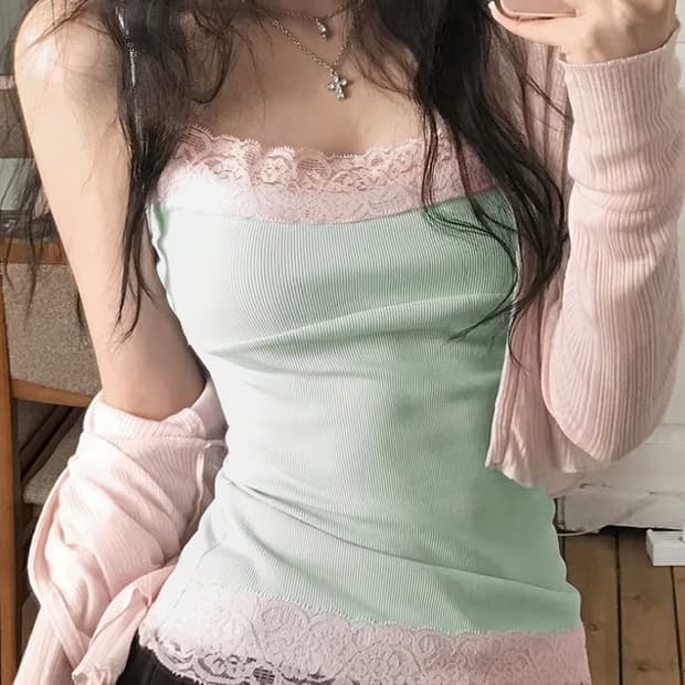민트 핑크 레이스 나시