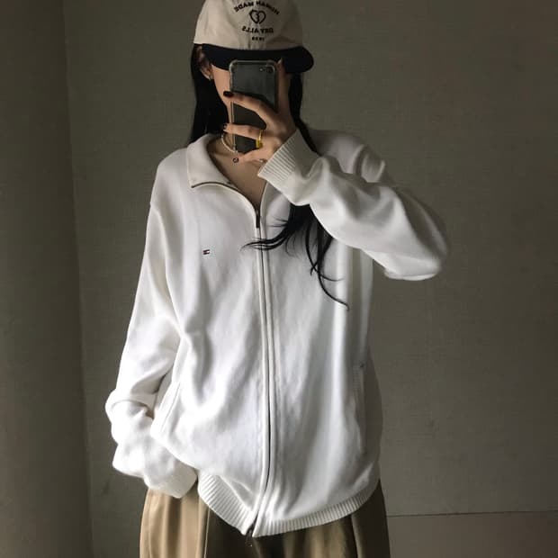 타미힐피거 화이트 오버핏 니트집업