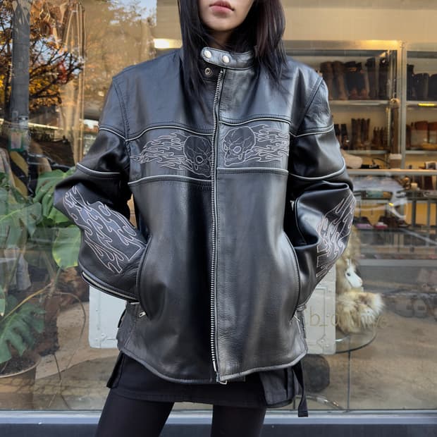 90s 유닉 UNIK 해골 & 플레임 가죽 자켓