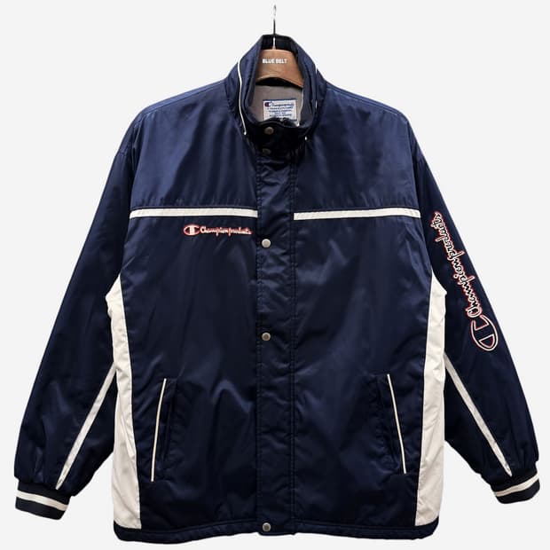챔피온 윈드자켓 배색 파이핑 레터링 로고 퀼팅 기모안감 디테일 딥네이비