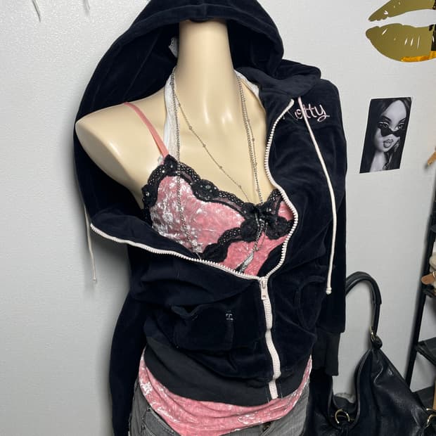 갸루 러블리 블랙 핑크 벨벳 후드집업