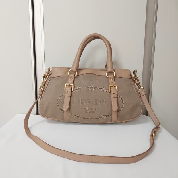 [정품] 프라다 자카드 캔버스 로고 투웨이백