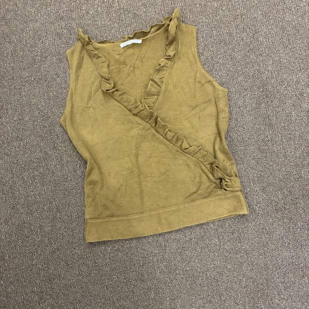 M)Japanese vintage 여성 프릴 디테일 카키 슬리브리스