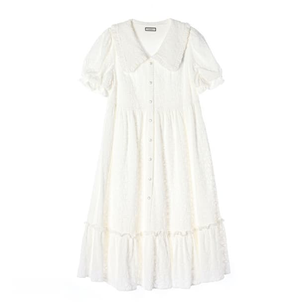 KUOSE 퓨어 화이트 코튼 펀칭 아일렛 롱 원피스