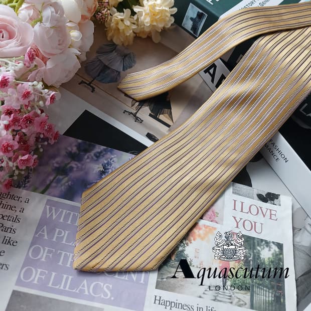 아쿠아스큐텀 넥타이 옐로우 골드 스트라이프 A등급 E897
