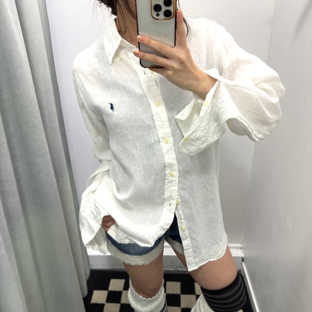 폴로 화이트 클래식 핏 린넨 셔츠