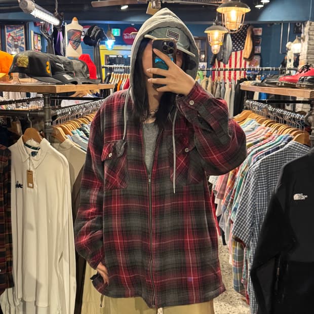 vintage 올드스쿨 빈티지 기모 체크 후디 자켓