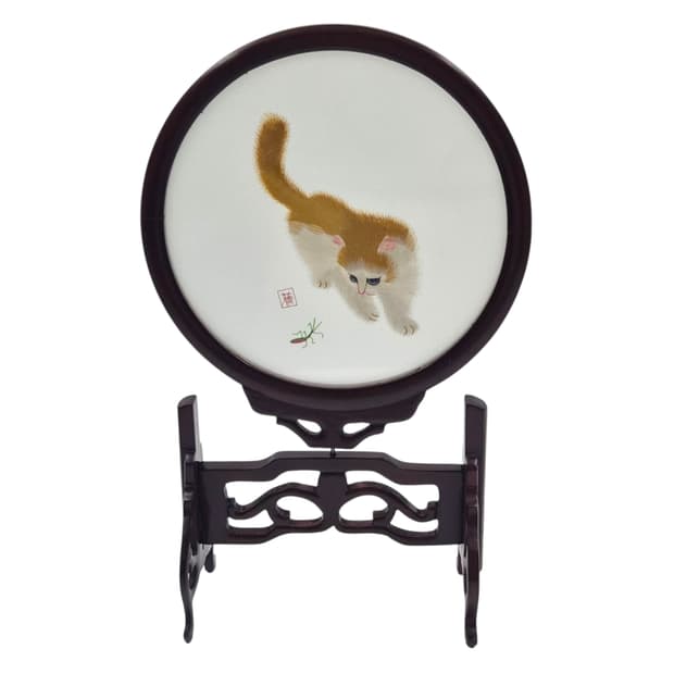 70s 쑤저우 오리엔탈 자수 고양이 우드 장식