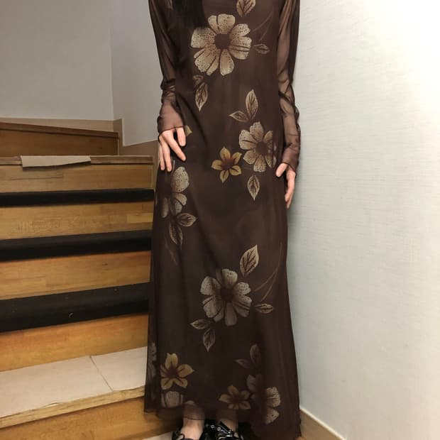 빈티지 브라운 오리엔탈 시스루 롱 원피스
