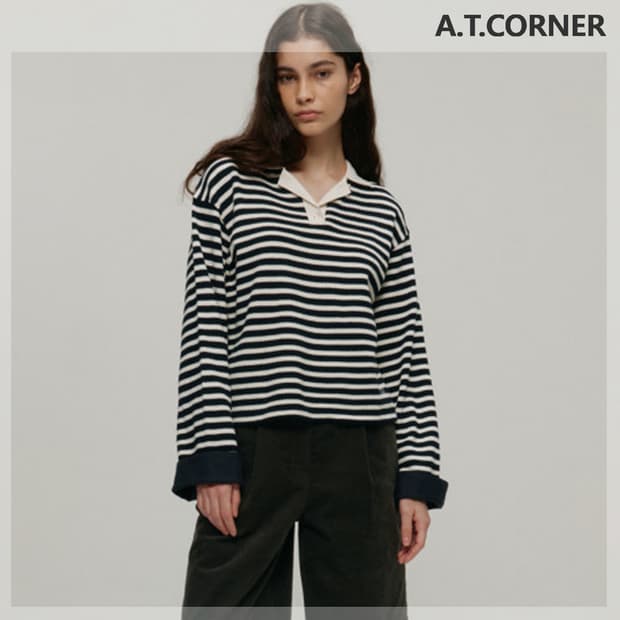 앳코너 스트라이프 와플 긴팔 티셔츠 / 여성 티셔츠/ 여성 카라티셔츠