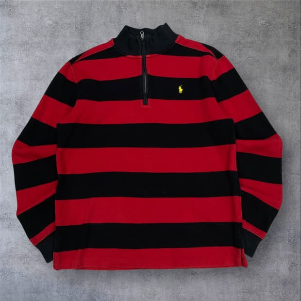 폴로 랄프 로렌 믹스 컬러 단가라 스몰 포니 반집업 니트