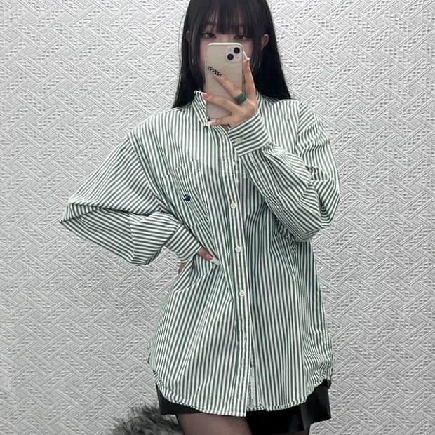 커버낫 피스타치오 그린 스트라이프 캐주얼 셔츠 M C10264