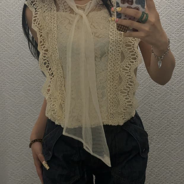 빈티지 재팬 페미닌 레이스코어 시어 리본 나시 블라우스 K0586