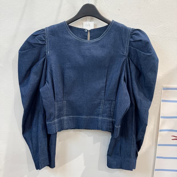 vintage 데님 퍼프소매 블라우스