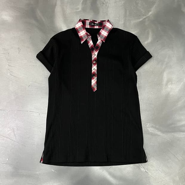  빈티지 골지 체크 하프 카라티 y16647