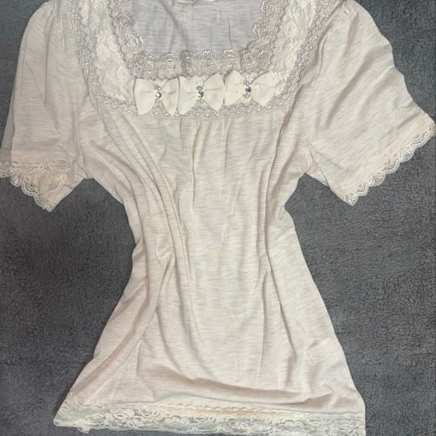 히메갸루 모리걸 아이보리 화이트 리본레이스 반팔 탑 상의