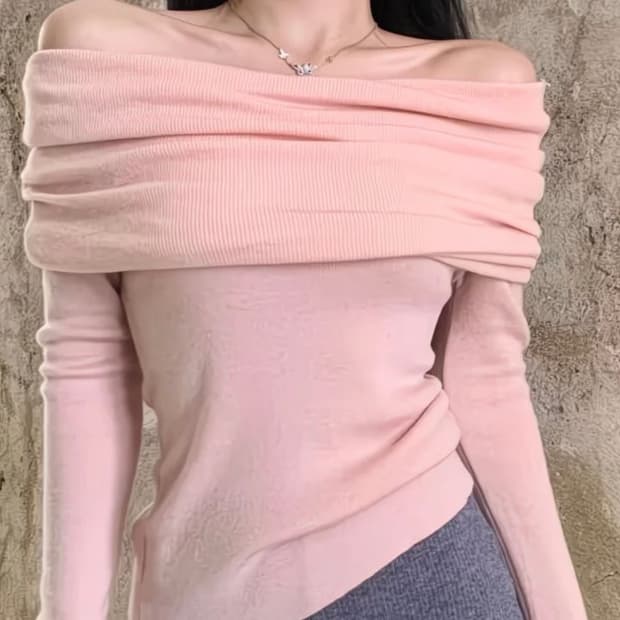핑크 오프숄더 니트 긴팔 티셔츠