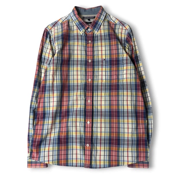 타미힐피거 레드 옐로우 화이트 슬림핏 긴팔 셔츠 L