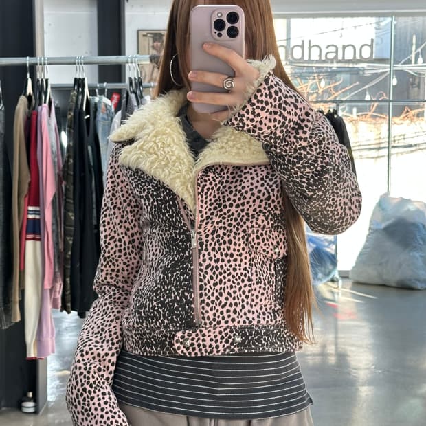 히스테릭글래머 레오파드 사선지퍼 퍼무스탕 라이더자켓