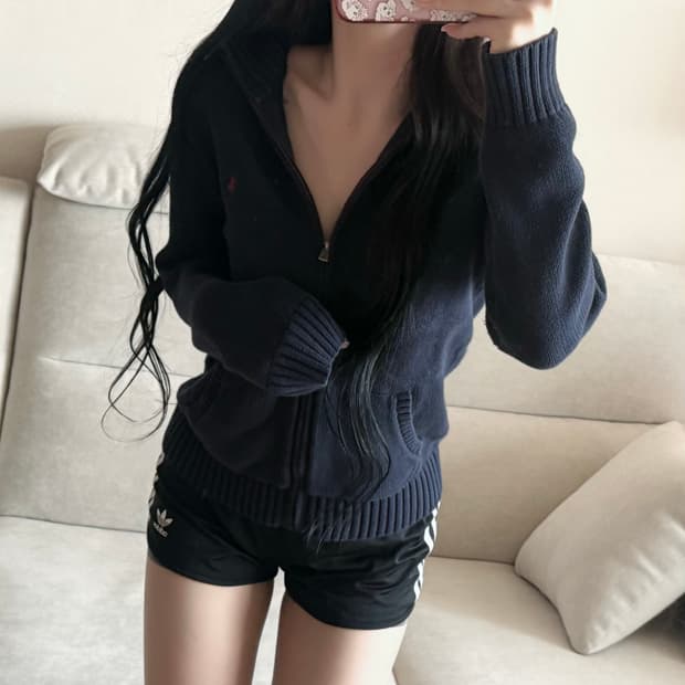 폴로 랄프로렌 딥네이비 딥레드 로고 니트 집업 
