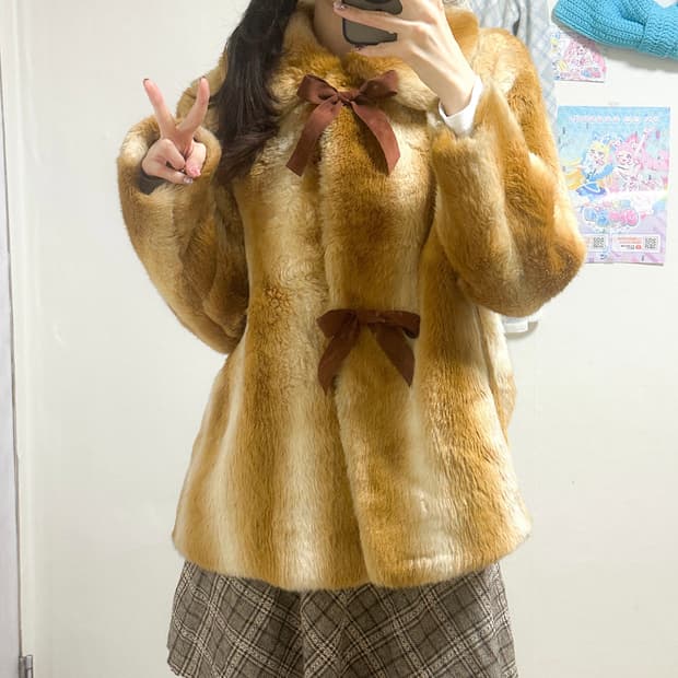 빈티지 리본 밤비 퍼 코트 자켓 밤비 아린 히메갸루 로걀 라떼 리즈리사깔