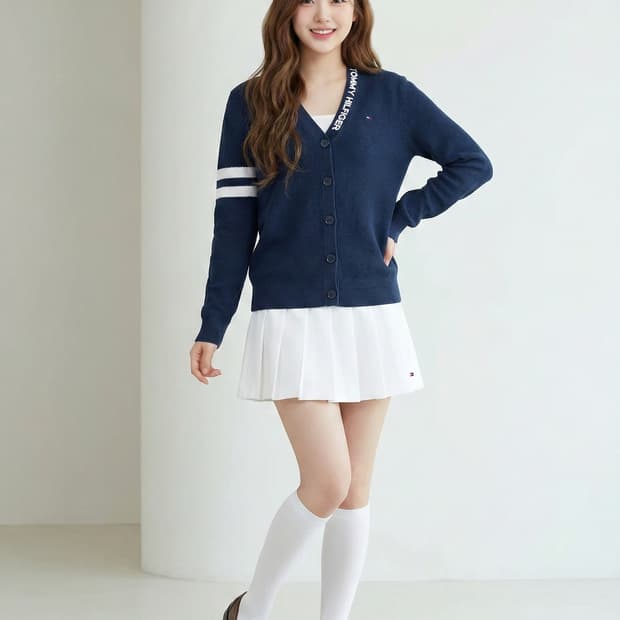 타미힐피거 넥 레터링 와플 니트 가디건