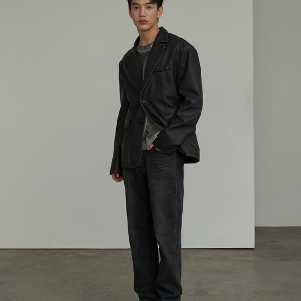 SPERONE 스페로네 비건 레더 오버사이즈 미니멀 2버튼 워싱 레더