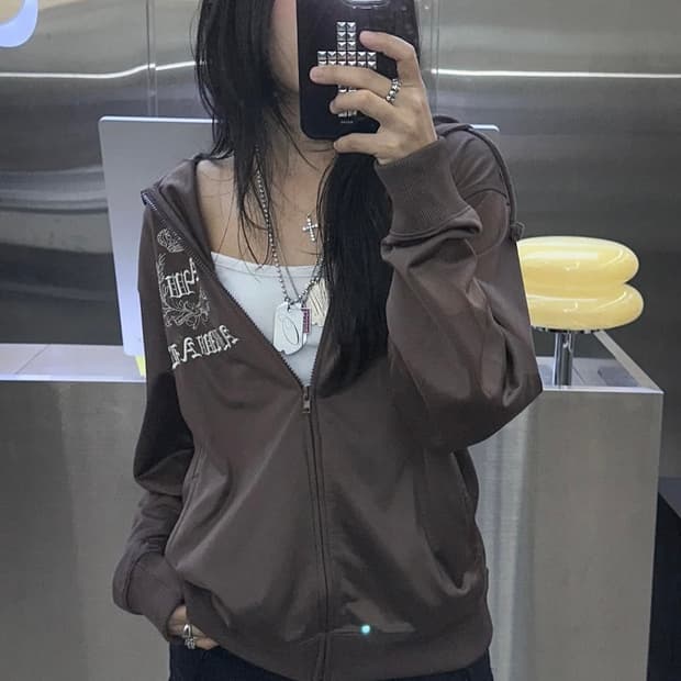 빈티지 브라운 져지 후드집업