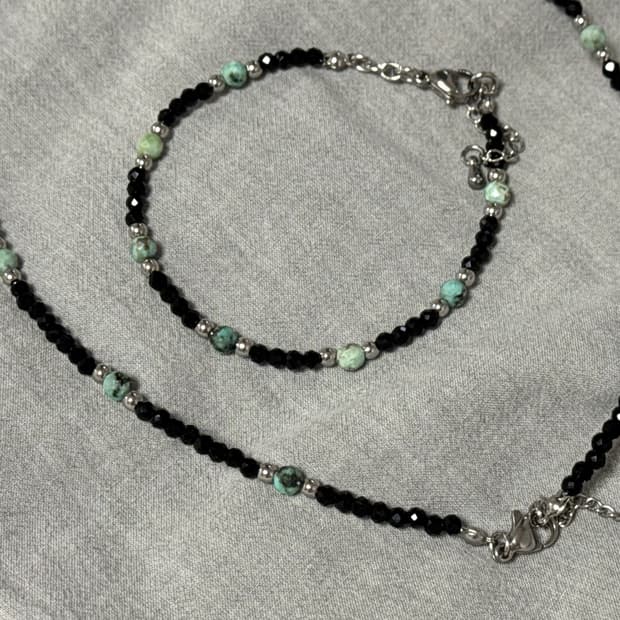 (세트) 천연석 커팅 오닉스 터키석 믹싱 원석 팔찌 목걸이