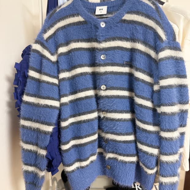 오와이 HAIRY STRIPE KNIT CARDIGAN - BLUE M