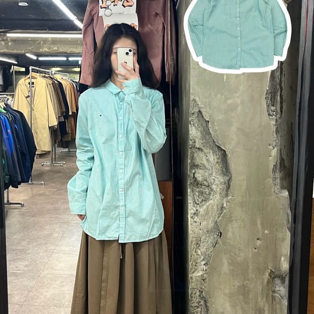 타미힐피거 스트라이프 셔츠 그린 XL #csz3084