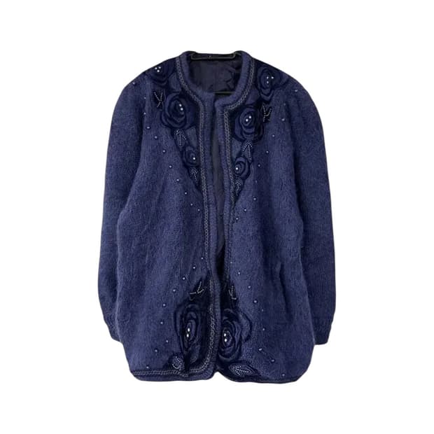 Navy Buttonless Beads Wool Cardigan
