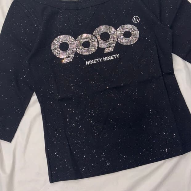 9090girl og 로고 글리터 큐빅 롱스리브 티셔츠