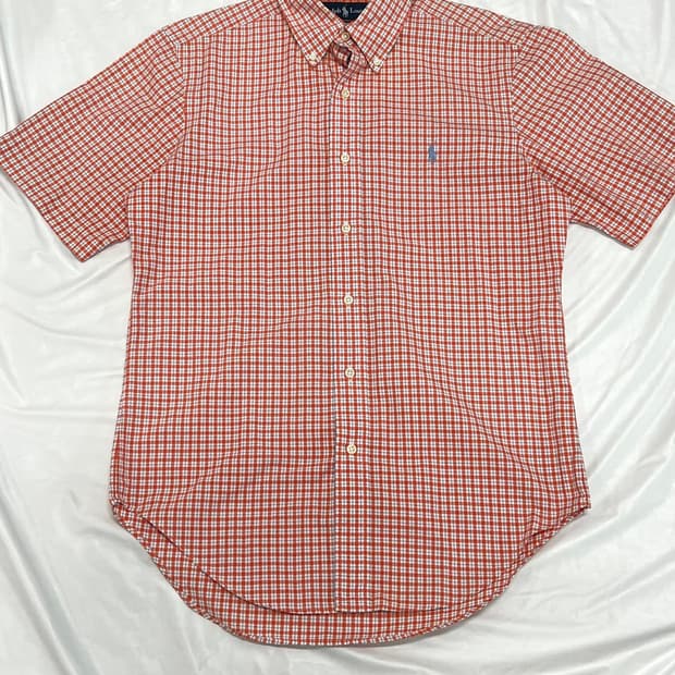 (S) 폴로랄프로렌 커스텀핏 체크 반팔 셔츠 오렌지
