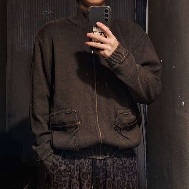 빈티지 카키 멀티포켓 올드스쿨 스트릿 하이넥 니트집업 XL