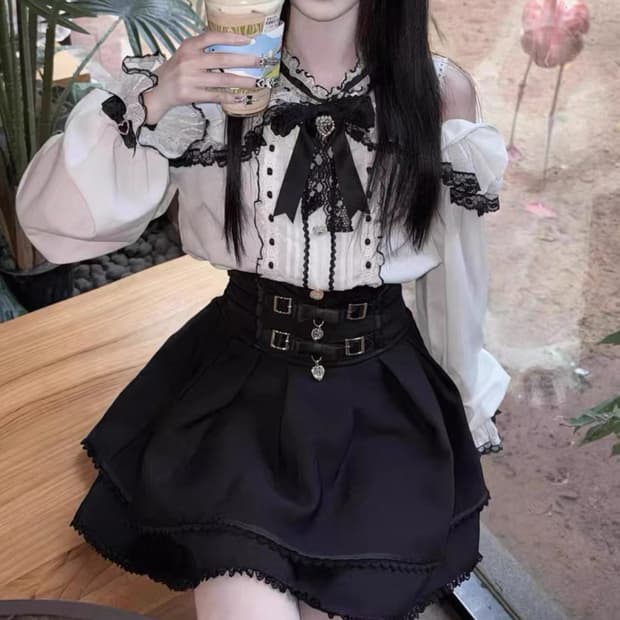 양지뢰 지뢰계 양산형 일브 섭컬 리본 오프숄더 레이스 블라우스 스커트