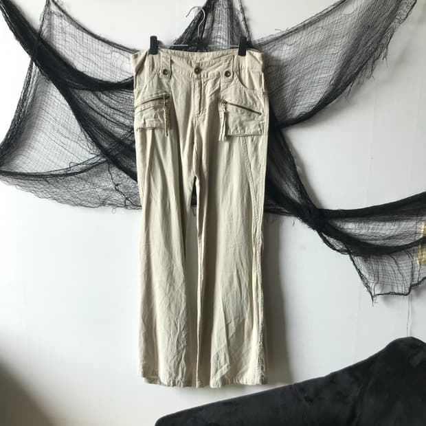 Linen zipper detailed bootscut pants  
