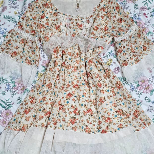 일본빈티지)플로럴로맨틱 스즈코모리걸 히메갸루 레이스 프릴 레이어드 원피스