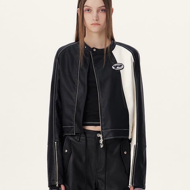 유즈 슬림 레더 컬러 블록 바이커 자켓 m