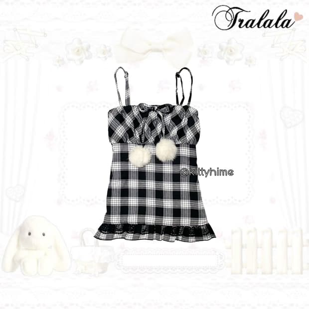 Tralala 트랄라라 체크 폼폼이 슬리브리스 핀터깔 히메갸루 로맨틱갸루
