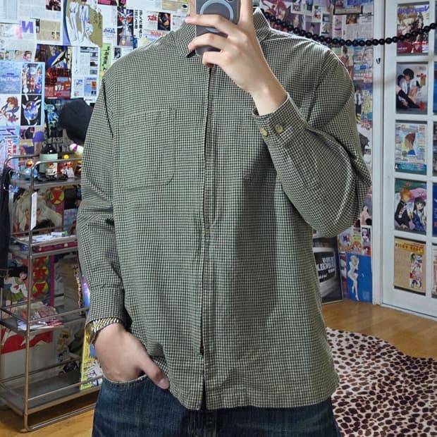 JPN 잔체크 그린 카키 셔츠 집업