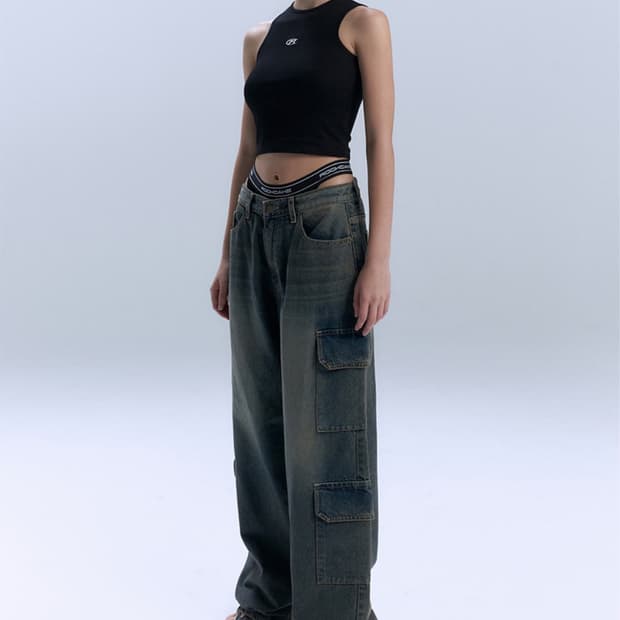 락케이크 Double Cargo Jeans Vintage Yellow S