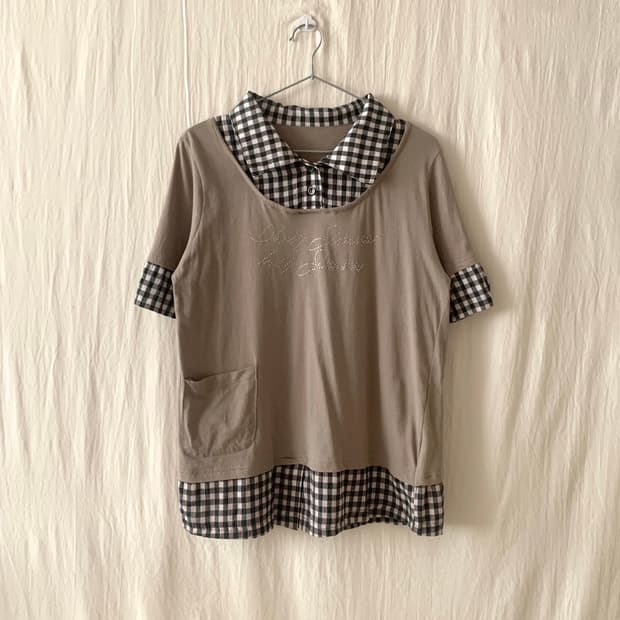 Y2K 카키브라운 체크 레이어드 탑