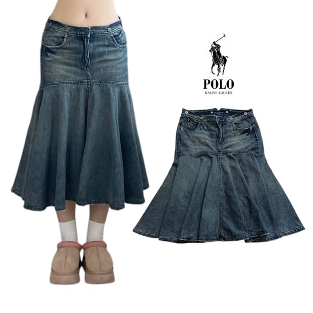 폴로 데님 플리츠 미디 스커트