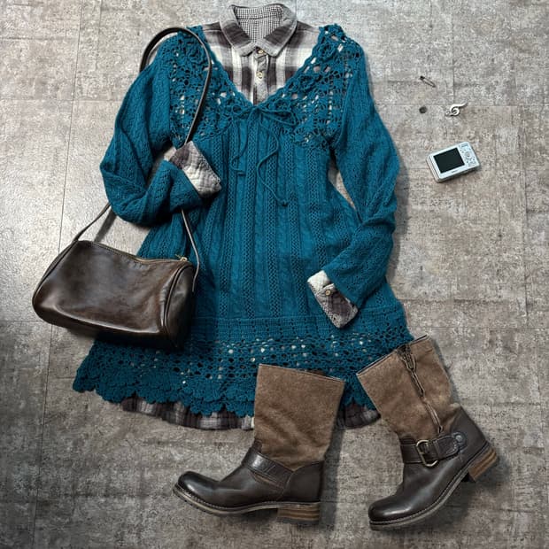 크로셰 레이스 니트 양면 체크 셔츠 원피스 2pcs SET