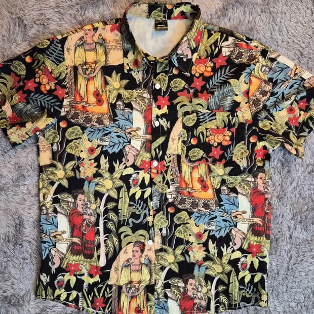 일본(2XL) 프리다 칼로 패턴 남성 하와이안 반팔 셔츠