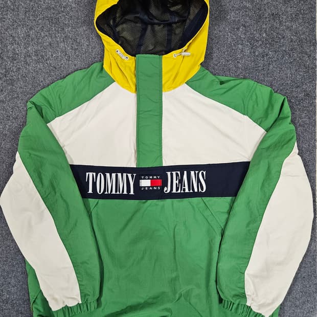 타미힐피거 남성 컬러블록 로고 아노락 후드 자켓(급처)