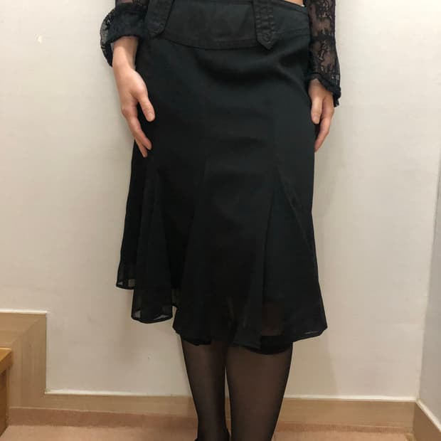 빈티지 블랙 쉬폰 미디 스커트