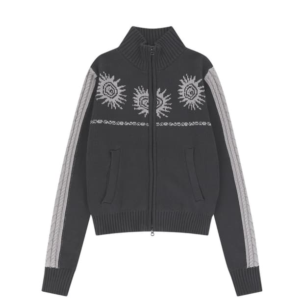 Sun Jacquard Zip-Up Sweater (Dark Gray)